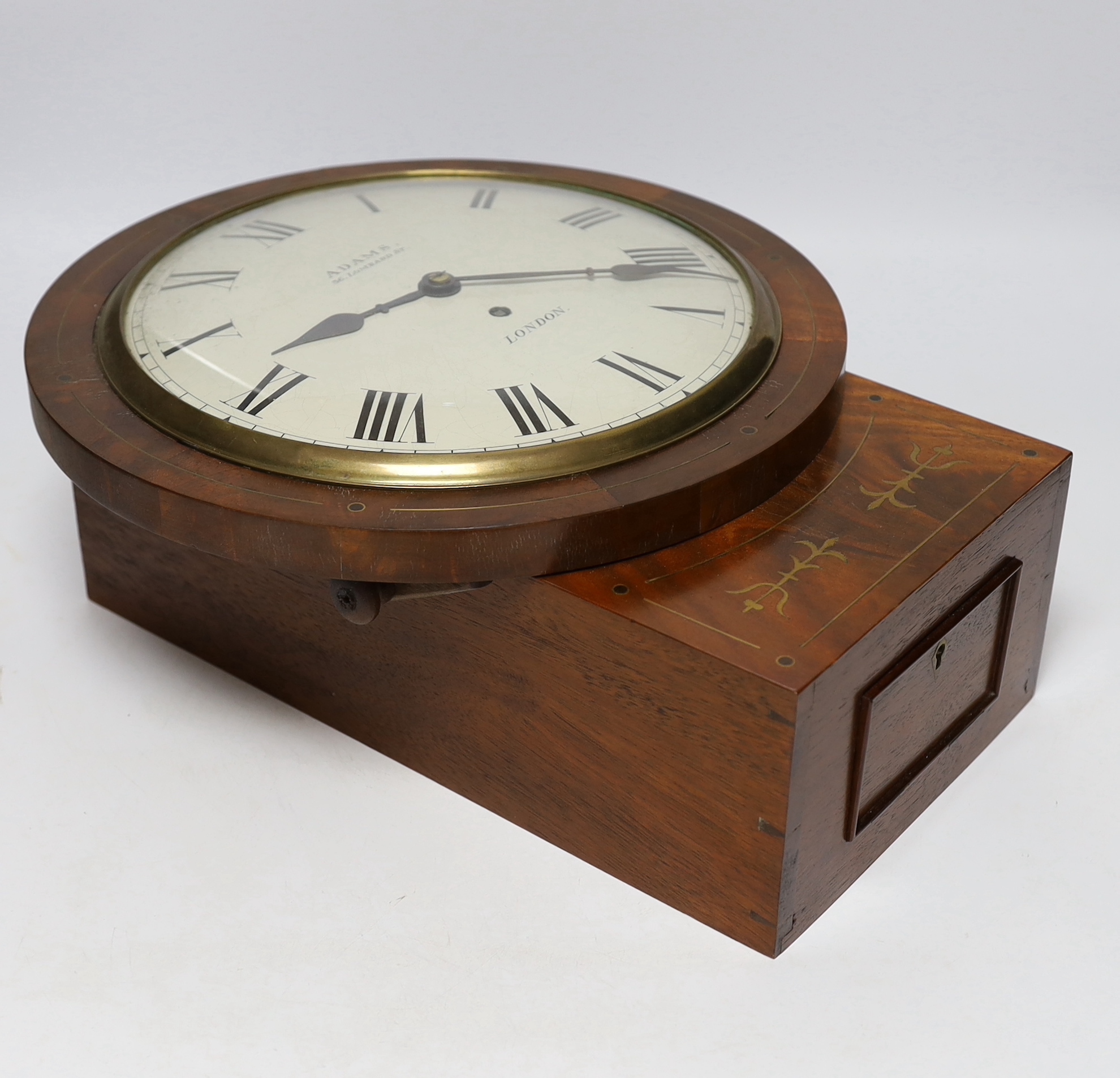 Adams, London. A Regency brass inlaid mahogany single fusee convex wall dial, 40cm high